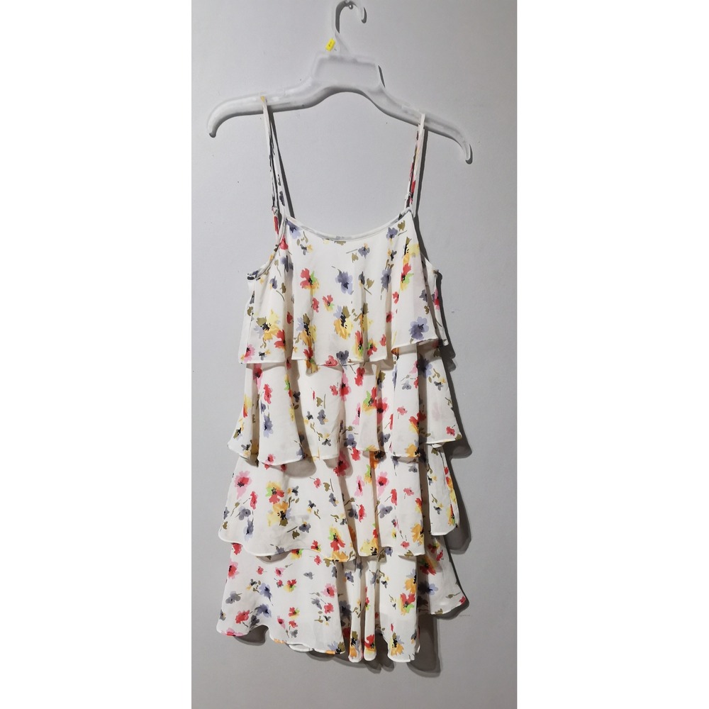 Tea n Rose Floral Tiered Ruffle Mini Dress White Multi Color Small IJ1101